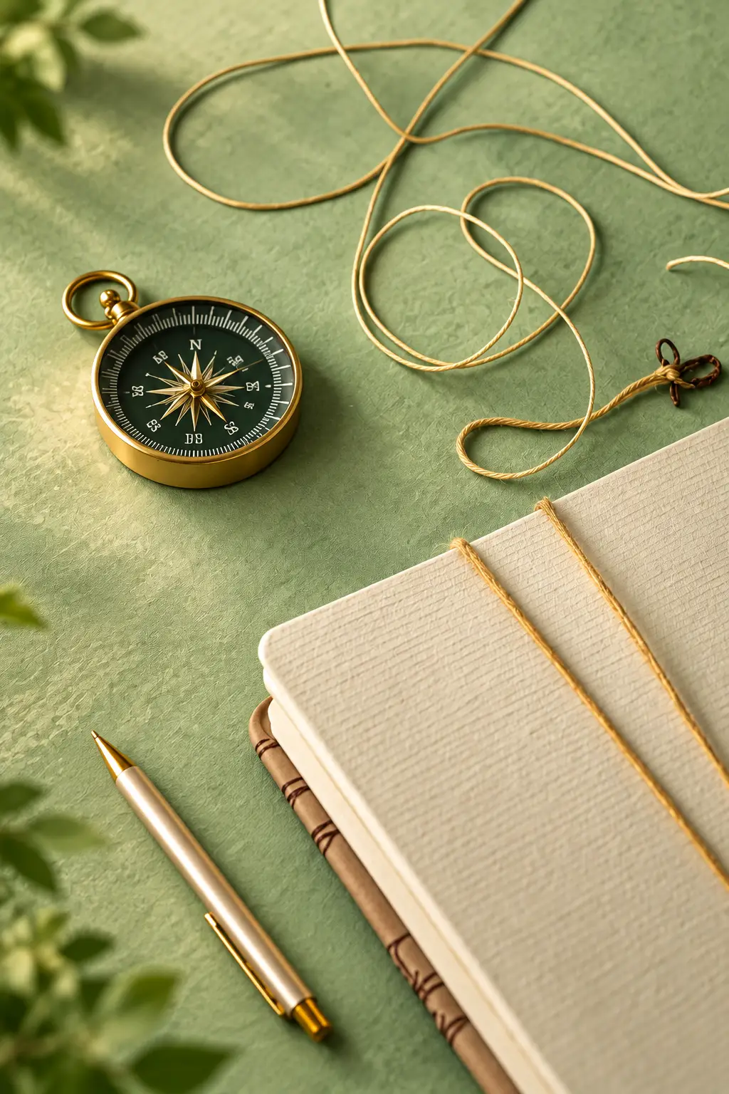A brass compass, twine, notebook and pen laid out on a soft green surface