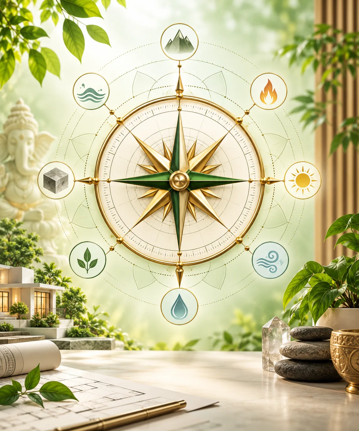 A golden Vastu compass surrounded by the five elements, set among greenery and a Ganesh idol